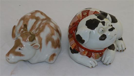 A Japanese Kutani model of a puppy and a similar model of a cow, late 19th century, 20.5 and 21.5cm, cow restored